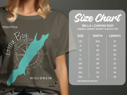 Green Bay Wisconsin t-shirt size chart with compass graphic.