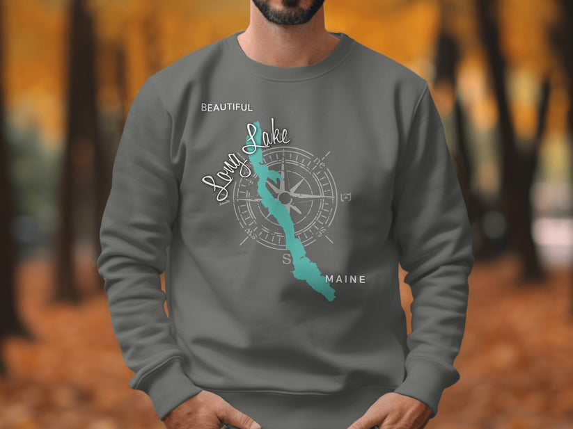 Gray sweatshirt with a teal map of Long Lake, Maine and compass rose graphic.