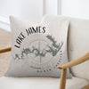 Throw pillow with Lake James North Carolina map and compass design.
