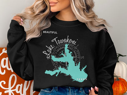 Black sweatshirt with "Beautiful Lake Tawakoni Texas" map and compass design.