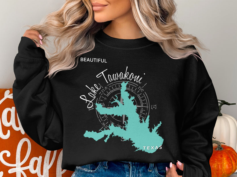 Black sweatshirt with "Beautiful Lake Tawakoni Texas" map and compass design.