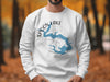 White sweatshirt with Spoon Lake Illinois map and compass design.