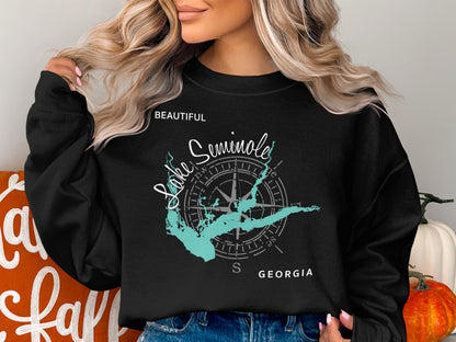 Black sweatshirt with "Beautiful Lake Seminole Georgia" and a compass rose.
