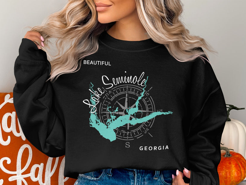 Black sweatshirt with "Beautiful Lake Seminole Georgia" and a compass rose.