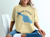 Yellow T-shirt with blue Catalina Island map and compass design.