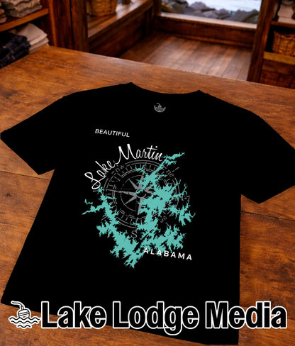 Black t-shirt with turquoise Lake Martin Alabama map and compass graphic.