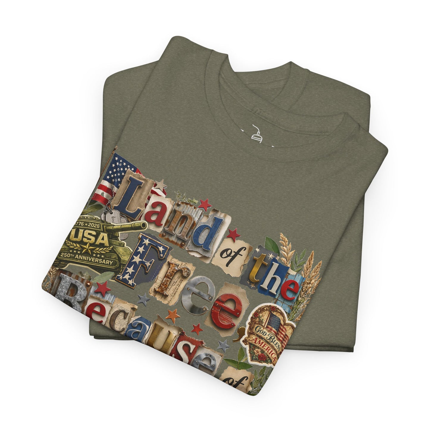 USA 250th Anniversary Land of the Free Because of the Brave T-Shirt | Patriotic Fourth of July Scrapbook Collage Design
