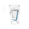 Glass with blue Lake Vermillion map and compass graphic.