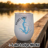 White insulated wine tumbler featuring a blue map of Perry Lake, Kansas, with a compass design.