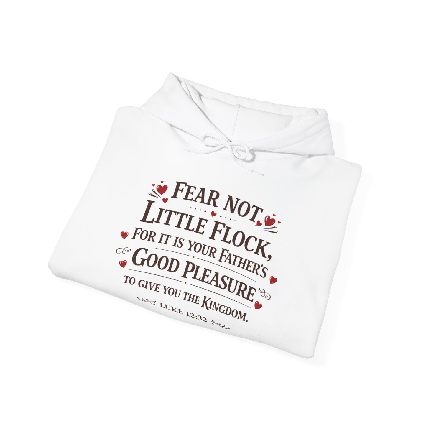 Fear Not Little Flock Hoodie with Printed Sleeves | Luke 12:32 Scripture Heart Design Bible Verse Gift | Share your faith