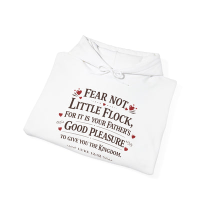 Fear Not Little Flock Hoodie with Printed Sleeves | Luke 12:32 Scripture Heart Design Bible Verse Gift | Share your faith