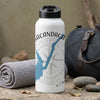 White water bottle with Sacandaga Lake map and compass design.