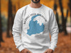 White sweatshirt with Merrill Creek Reservoir, New Jersey map and compass design.