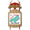 Red sled ornament with "Merry Christmas From Lake Quinault" text and snowflakes.