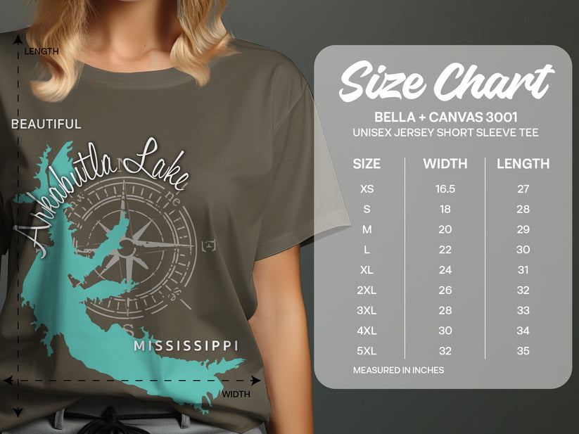 T-shirt size chart with Mississippi lake graphic and measurements.
