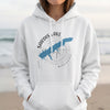 White hoodie with Sardis Lake Mississippi map and compass design.