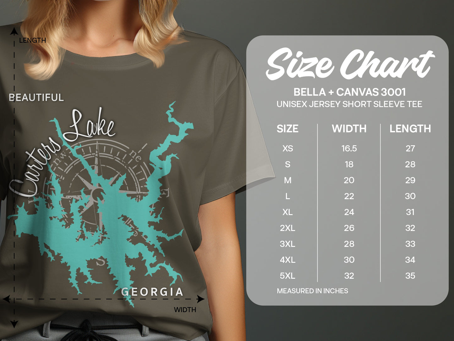 T-shirt size chart with a graphic of Carters Lake, Georgia.