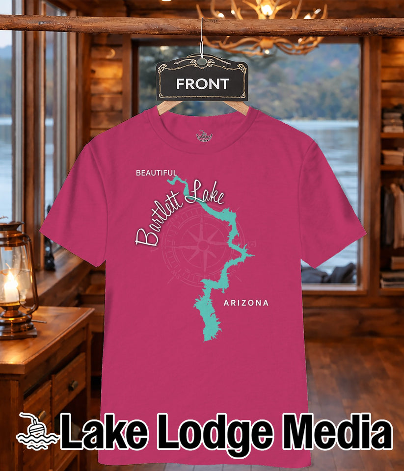 Pink t-shirt with turquoise lake map and "Bartlett Lake Arizona" text.