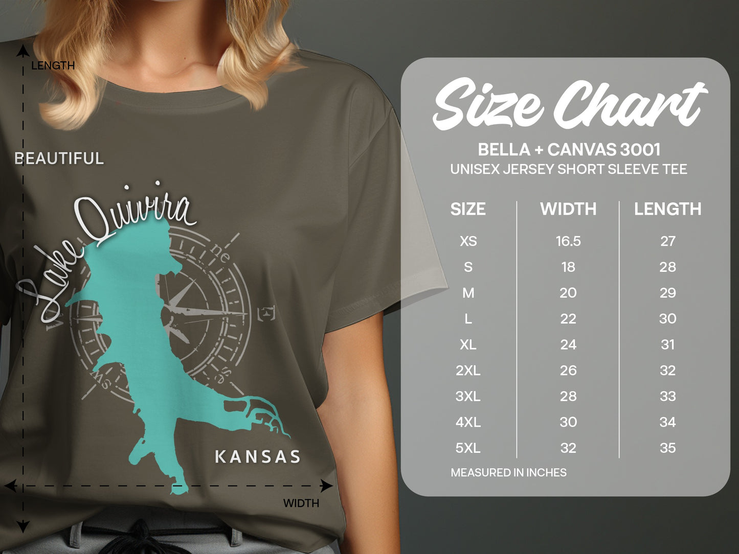 T-shirt with Lake Quivira silhouette, compass, and size chart.