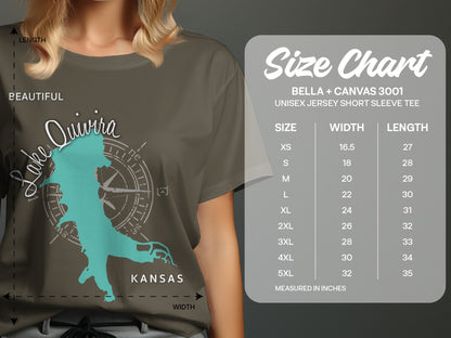T-shirt with Lake Quivira silhouette, compass, and size chart.