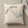 Lake Travis Texas map and compass design on a cream pillow.