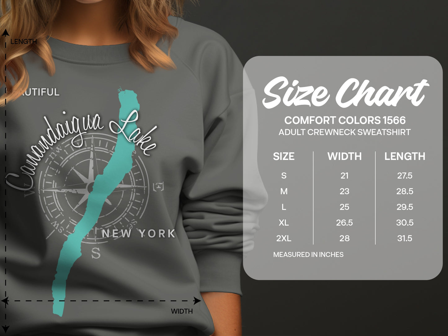 Canandaigua Lake sweatshirt with size chart for adult crewneck.