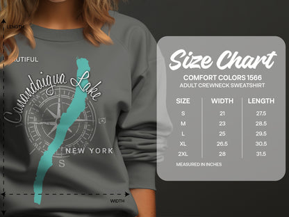 Canandaigua Lake sweatshirt with size chart for adult crewneck.