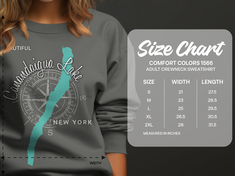 Canandaigua Lake sweatshirt with size chart for adult crewneck.