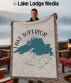 Tapestry blanket with Lake Superior map, compass, and text.