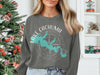 Grey sweatshirt with turquoise Lake Cachuma map graphic and compass rose.