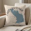 Pillow with blue Lake Lawtonka outline and text in black on light beige linen.
