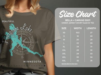 Pohagama Lake Minnesota graphic on a dark t-shirt with size chart.