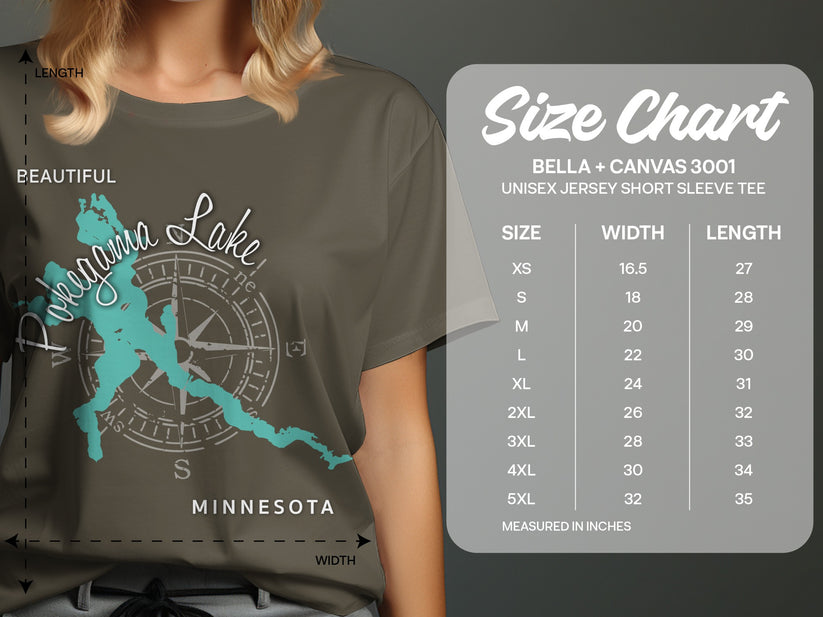 Pohagama Lake Minnesota graphic on a dark t-shirt with size chart.