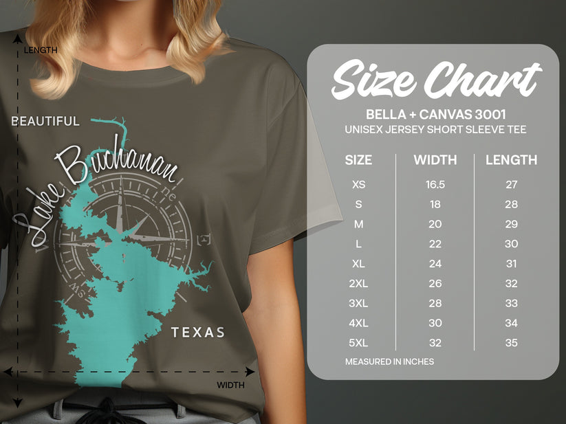 Bella+Canvas 3001 unisex tee size chart for Lake Buchanan, Texas.