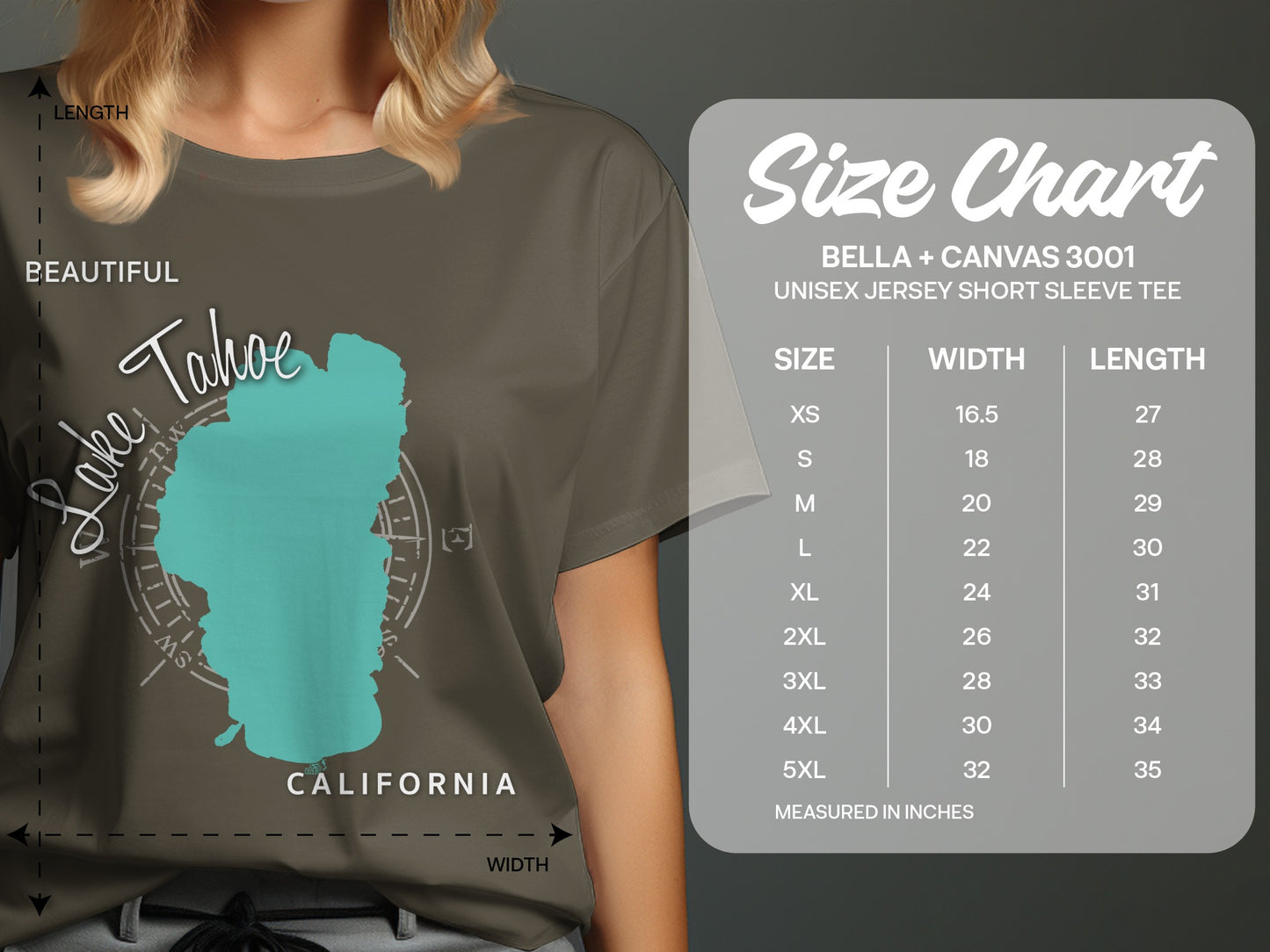 Bella + Canvas 3001 size chart with measurements for unisex t-shirts.