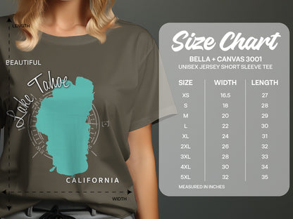 Bella + Canvas 3001 size chart with measurements for unisex t-shirts.