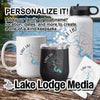 White mug, black tumbler, and white bottle with Lake LBJ compass design.