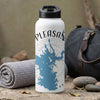 White water bottle with "PLEASANT..." and blue lake design.