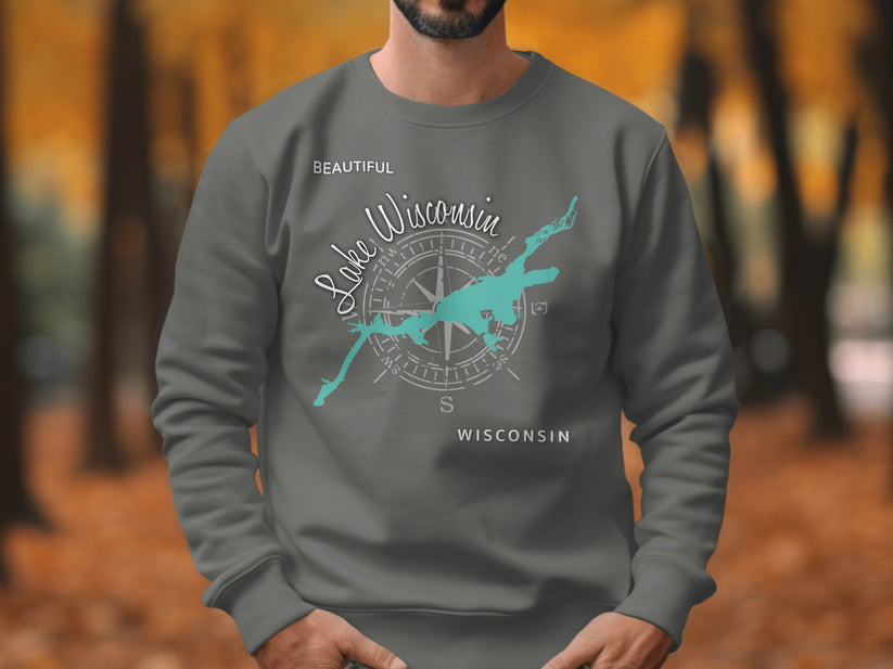 Gray sweatshirt with turquoise map of Wisconsin and compass design.