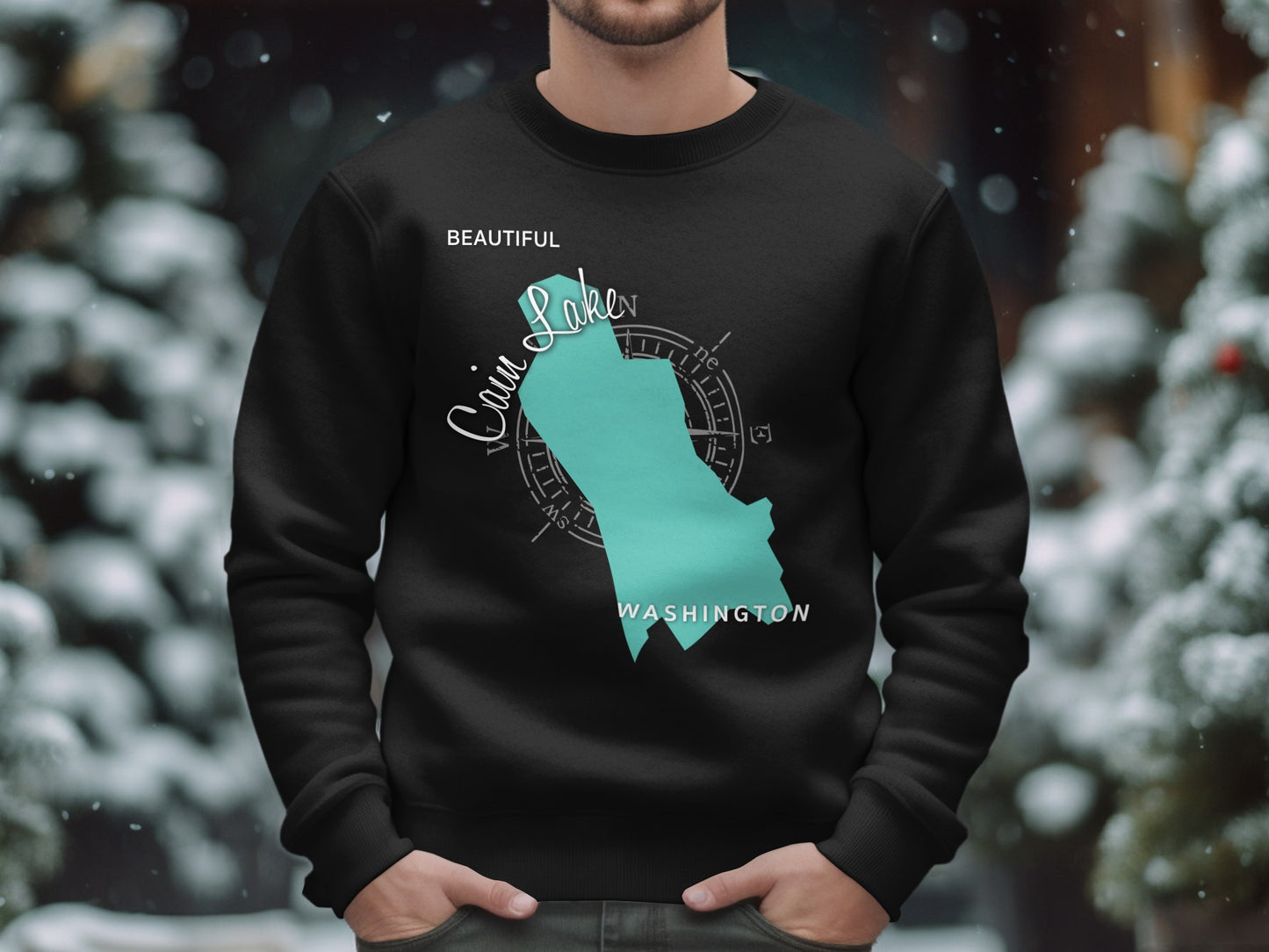 Black sweatshirt with a teal outline of Washington State and "Coin Lake" text.