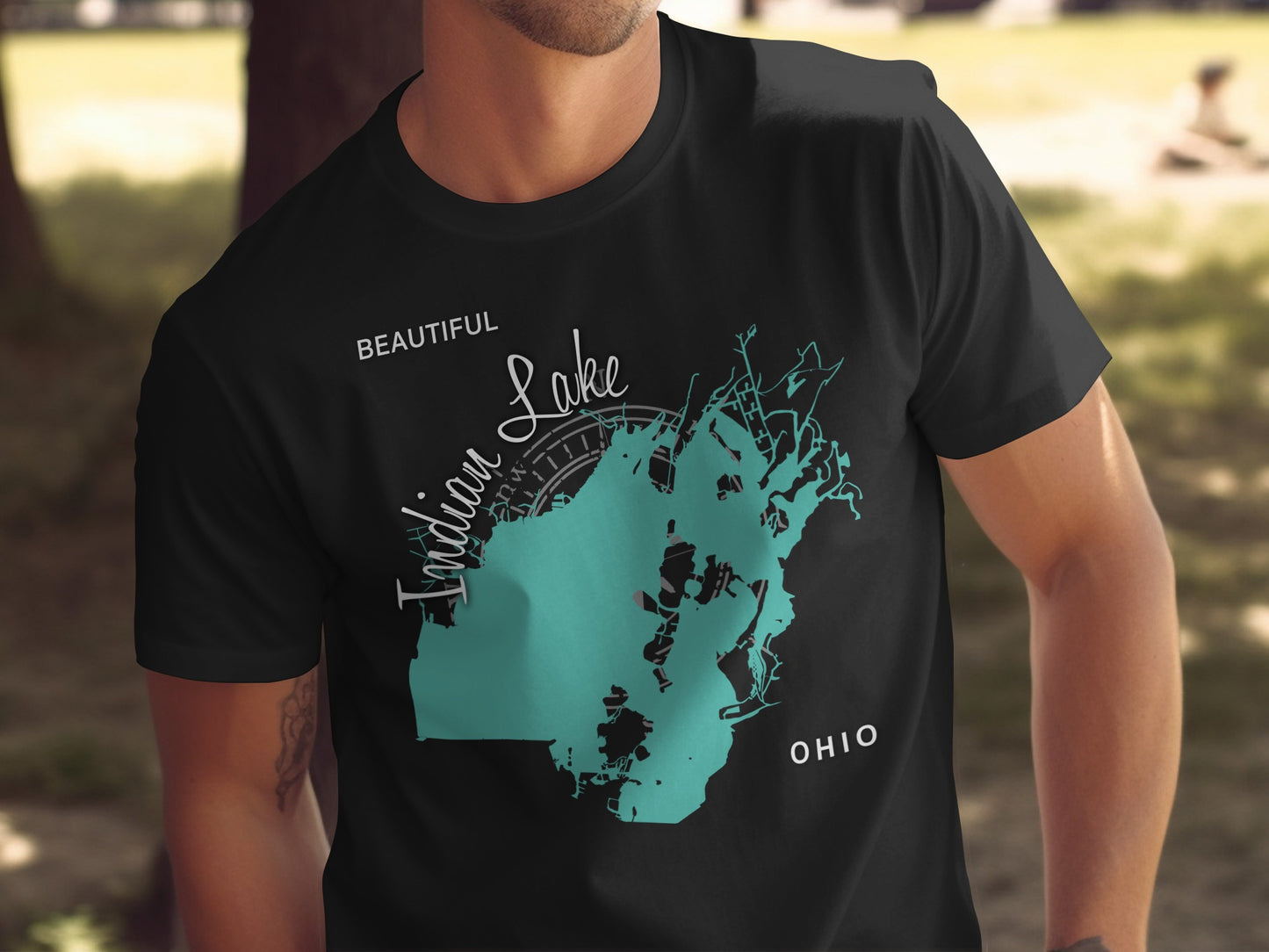 Black t-shirt with teal map of Indian Lake, Ohio and text.