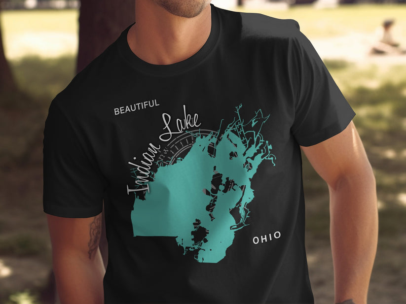 Black t-shirt with teal map of Indian Lake, Ohio and text.