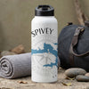 White water bottle with "SPIVEY" text and a compass map graphic.