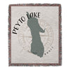 Peyto Lake outline with compass rose, Banff text, on fringed blanket.