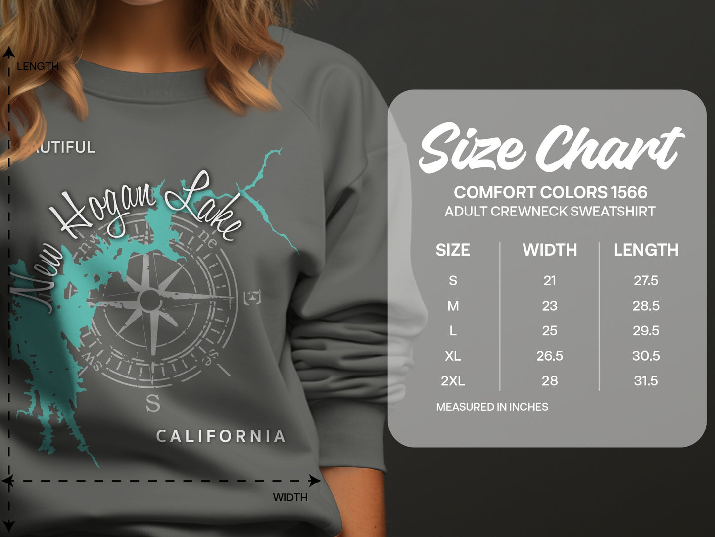 Size chart for Hogan Lake Comfort Colors adult crewneck sweatshirt.