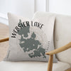Pillow with Webster Lake map and Massachusetts text on a chair.