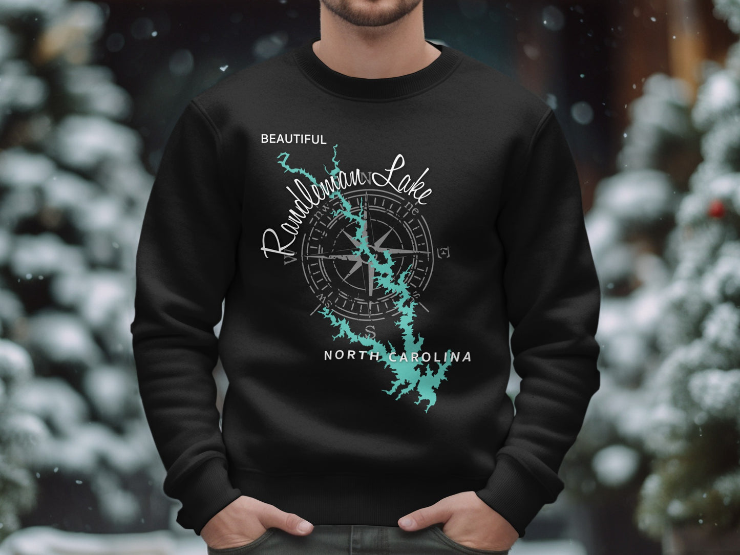 Black sweatshirt with a compass and "Beautiful Randleman Lake North Carolina" design.