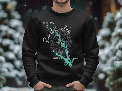 Black sweatshirt with a compass and "Beautiful Randleman Lake North Carolina" design.