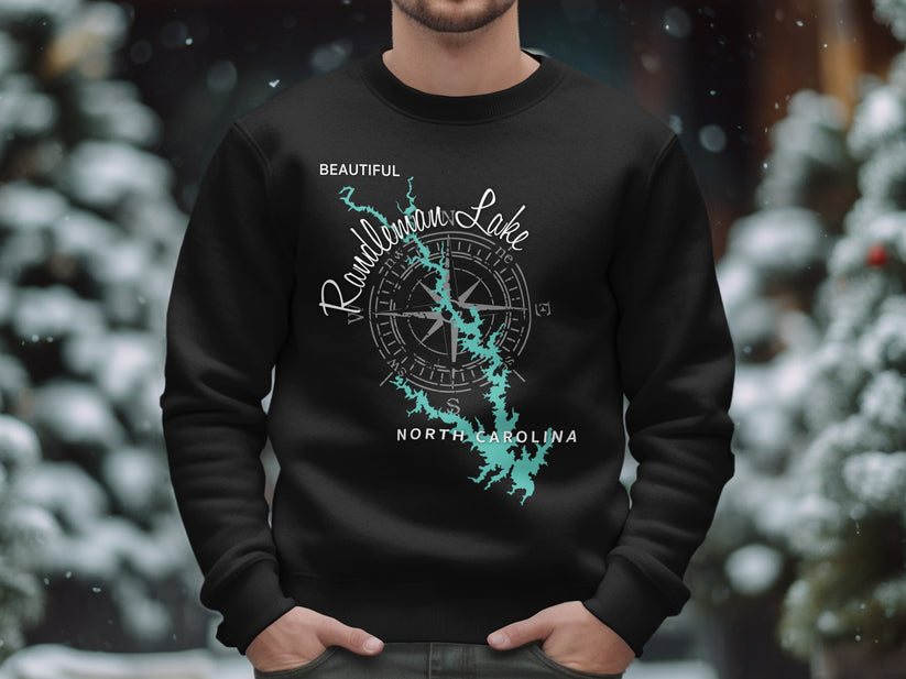 Black sweatshirt with a compass and "Beautiful Randleman Lake North Carolina" design.