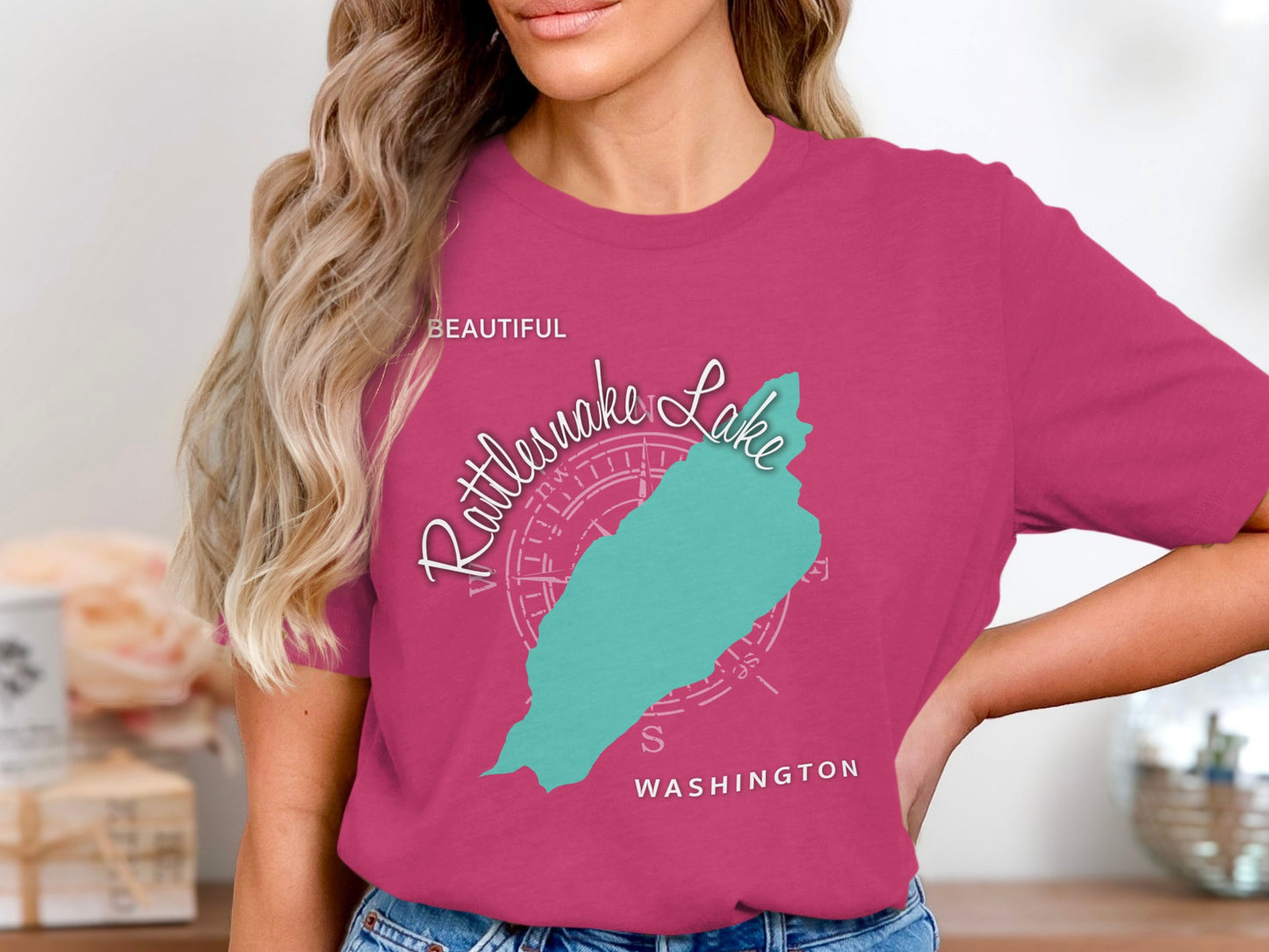 Rattlesnake Lake Washington outline on a pink t-shirt.